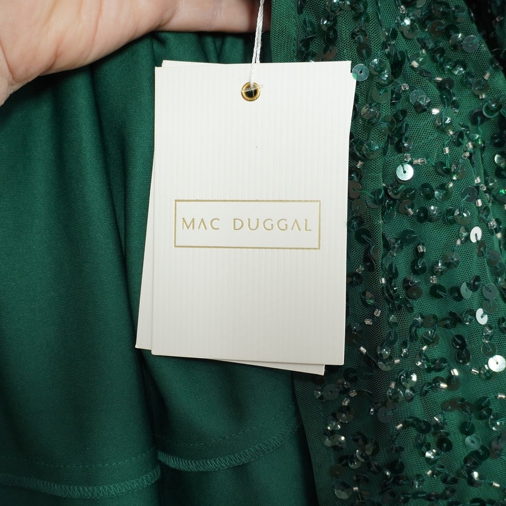 Mac Duggal Emerald Green Sequin Tiered Ruffle Bell Sleeve Midi Dress Size 10 NEW - Picture 8 of 11